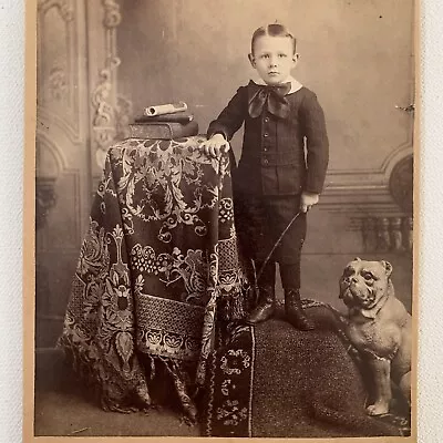 Antique Cabinet Card Photograph Boy Child Pitbull Bulldog Statue Shenandoah PA • $43.95