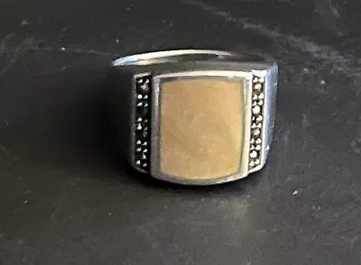 925 Sterling Silver Vintage Alabaster & Marcasite Gem Ring Size 7.5 • $24.90