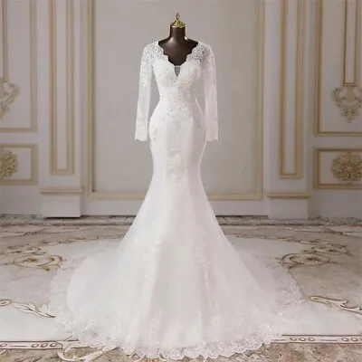 Long Sleeve Mermaid V Neck Appliqué Lace Train Bridal Gown Wedding Dress • $299.99