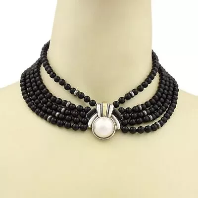 Cartier Mabe Pearl & Onyx Bead 18k Gold Sterling Choker Necklace • $2949