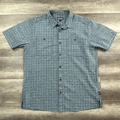 Patagonia Shirt Mens Large Blue Button Up Plaid Hemp Outdoors Camping Casual • $20.99