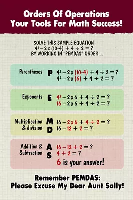 Orders Operations Math PEMDAS Algebra Educational Classroom Chart Poster 12x18 • $10.98