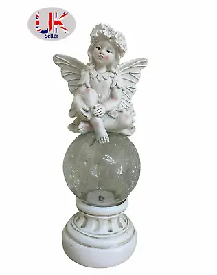 Solar Powered Crackle Ball Fairy Statue Warm White LED Garden Outdoor Decoration • £10.50
