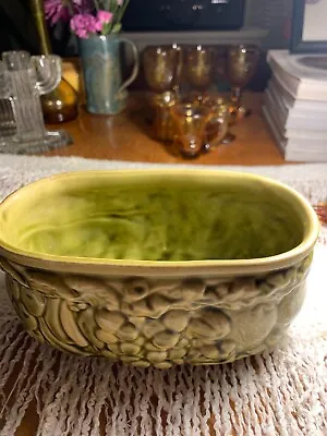 Art Deco Antique Olive Green Glazed Pottery Planter~Relief Fruit Oval~Majolica • $27.25