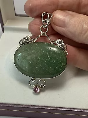 Vintage Lovely Large Green Ocean Jasper Sterling Silver Necklace Pendant 19.77gm • $35