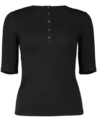Vince Ribbed Elbow Sleeve Henley Women's Blouse S Black Button Placket Stretch • $141