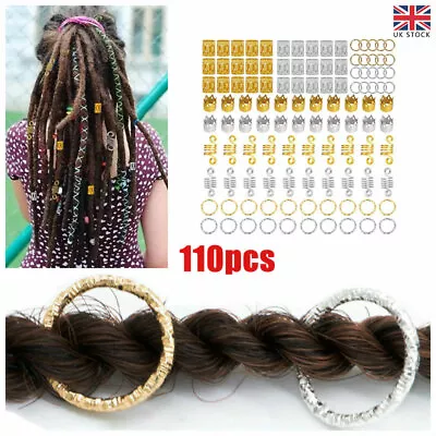 110 Pcs Hair Braid Coil Rings Hollow Dreadlocks Cuffs Beads Clips Accessories UK • £5.77