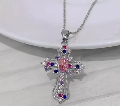 Cross Pendant Multi Color Necklace Silver Plated For Women With Gift Box • $11.99