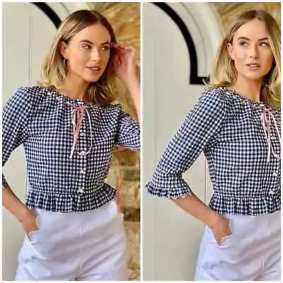 NEW Cartolina Nantucket The Millie Gingham Top Blouse Navy Women Size M • $36