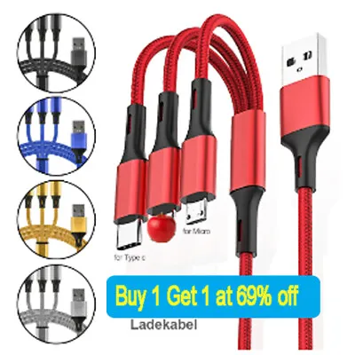 3 In 1 Universal Multi USB Cable Fast Charger Type C Lead For IOS Samsung Phone • £3.18