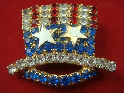 Vintage Rhinestone Uncle Sam Red White Blue Hat Gold Tone Pin Brooch • $16.95