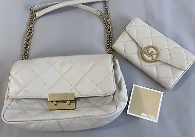 Michael Kors Sloan Chain Leather Shoulder Bag Ivory /Gold & Wallet • $111.11