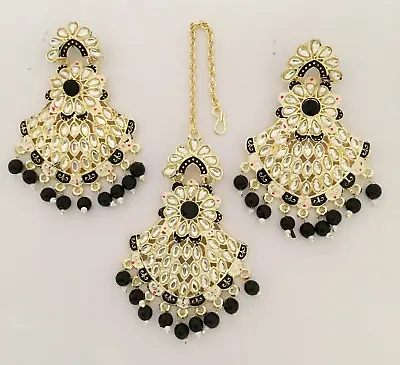 Black Kundan Gold Pearl Maang Tikka Earring Set Bollywood Indian Bridal Jewelry • $12.38