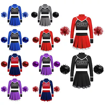 UK Girls Cheerleading Uniform Set Crop Top Skirt And Pompoms Performance Costume • £7.07