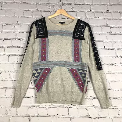 J Crew Sweater Womens XS Gray Multi Beaded Wool Cashmere Blend Southwestern Vibe • $29.88