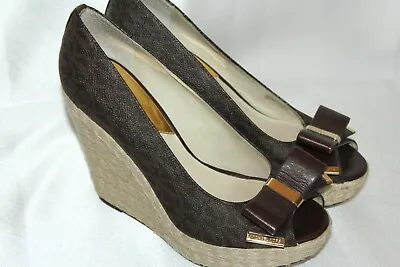 MICHAEL KORS Brown MK Logo MEG Bow Espadrille Jute Wedge Peep Heels Sz 7 $150 • $50.36