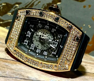 Mens Custom Fully Ice Out Sport Iced Cz VVS Quality Rich Black Band Square Watch • $87.99