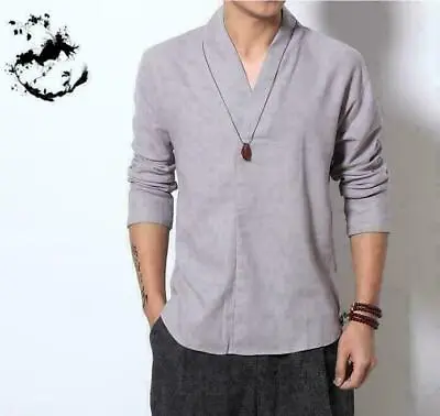 Mens Cotton Linen Coat Tang Suit Chinese Style Shirts Kung Fu V Neck Slim Tops • $31.45