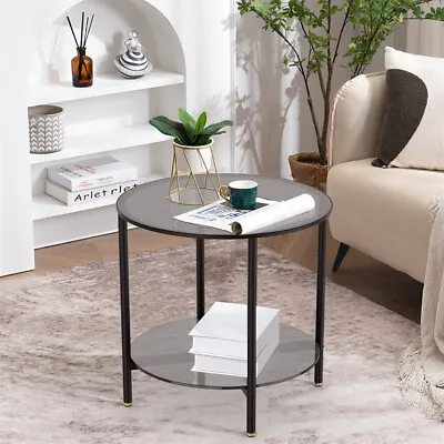 Modern Round Glass Top Coffee Table Side Table Open Storage Shelf Fr Living Room • $49.90