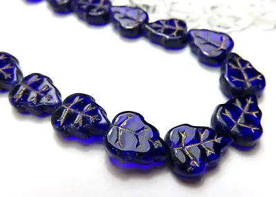 25 Pcs ~ Lrg LEAF ~ COBALT GOLD VEIN  ~ 12x10mm ~ FIRE POLISH ~ GLASS BEADS LOT • $3.50