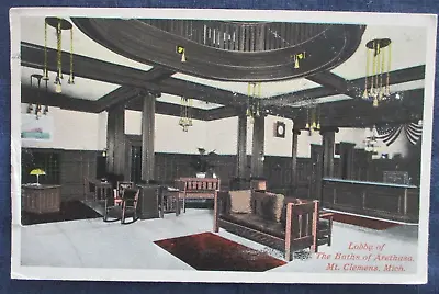 1915 Mt Clemens Michigan Baths Of Arethusa Lobby Postcard & Flag Cancel • $6.50