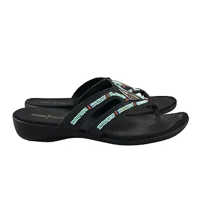 Minnetonka Women's Size 8 Roswell Black Leather Beaded Open Toe Thong Sandals • $26.94