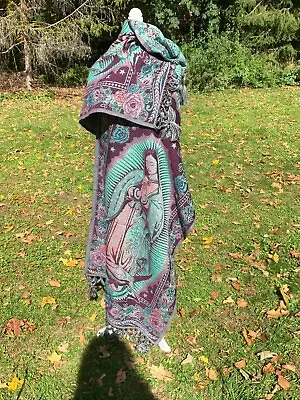 Virgin Mary Guadalupe Rebozo Fringed Wrap Shawl 6.5'x2.4' Mexican Green Pink J23 • $24.90