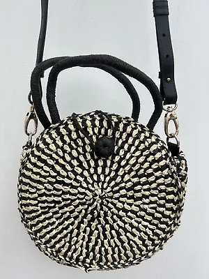 John Lewis Round Raffia Straw Handbag/Shoulder/Cross-body Bag -Black & Natural • £18