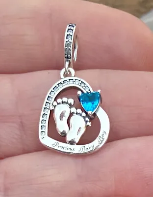 Precious Baby Boy Charm 925 Sterling Silver Blue Heart Footprints New Mum Gift • £16.79