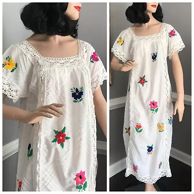 Vintage 1970s Embroidered Peasant Dress Mexican Maxi Dress M/L • $150
