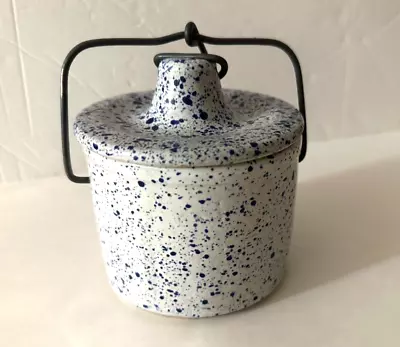 BLUE SPECKLED STONEWARE CROCK W/ WIRE BAIL LID CLOSURE  6 Ht X 4 D In • $9.99
