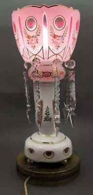Antique Bohemian Mantle Luster Lamp. 16” White Cut To Cranberry Crystal Prisms • $429.99