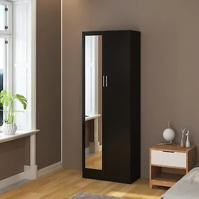 2 Doors Mirror Wardrobe White Bedroom Furniture Storage Hanging Rail • £126.89