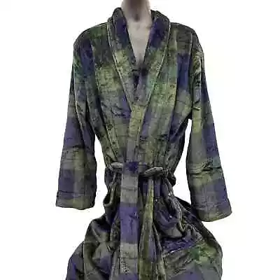 NWT Mens Sz L/XL Club Room Velour Navy/Green Plaid Belted Robe With 2 Pockets • $43.75