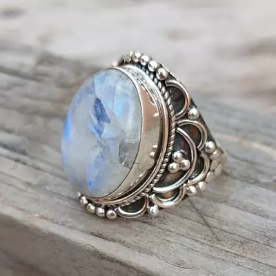 Rainbow Moonstone 925 Sterling Silver Handmade Statement Ring All Size R486 • $12.74