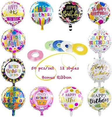 Happy Birthday Mylar Foil Balloons (50-Pieces) With 100 Meter Ribbons 18 Inch • $24.99