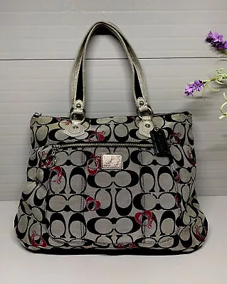 Coach Poppy Signature Red Hearts Glam Large Black/gray Tote Bag 18711M • $39