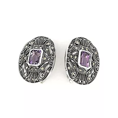 Amethyst And Marcasite Victorian Style Clip Earrings 925 Sterling Silver • £200.34