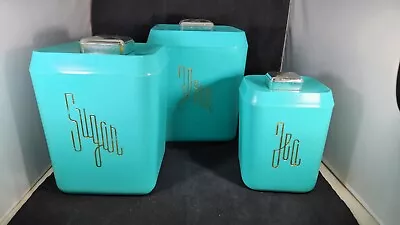 Vintage MCM 1960s Plastic Canister Nesting Set Of 3 Turquoise • $69.95