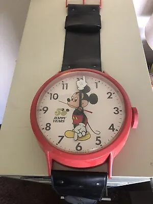 Vintage ‘Rare’  Disney Mickey Mouse Watch Red Wall Clock/Vinyl Band Disney 50th • $39.50