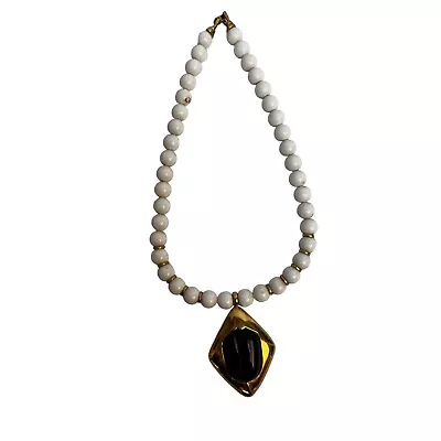 Vintage Lanvin Paris White Beaded Necklace Gold Tone With Black Lucite Tulip Pen • $199