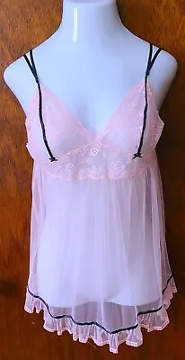 NWT Vintage Victoria's Secret Pink Sheer Mesh Lace Babydoll Nightie Negligee M • $19.99
