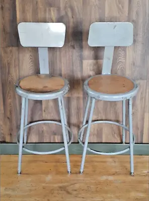 TWO(2) Vintage Industrial Factory Stools Adjustable Height Adj / Removable Backs • $189