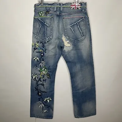 Artful Dodger Embroidered Skull Scorpion Distressed Blue Denim Jeans 34 X 34 • $159.60