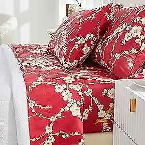  Floral Sheet Set Japanese Oriental Style Cherry Flower Red Blossom Branches  • $174.54