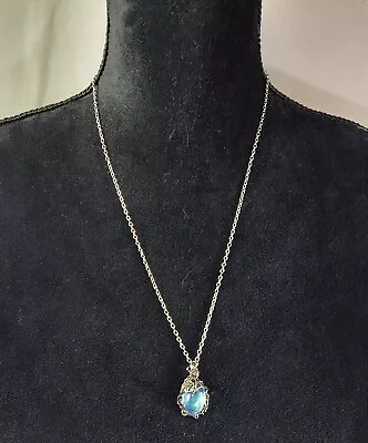 Silver Tone Pendant Chain Necklace Costume Jewelry Iridescent Magical Stone  • $10