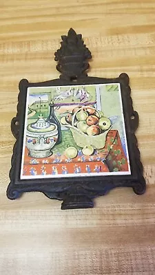 Vintage Cast Iron Tile Trivet Norleans Japan Ceramic Still Life - Fruit And Wine • $15