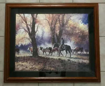 MARTIN GRELLE Autumn Gather Cowboy Theme Framed Matted Signed Print 22  X 28  • $242.24