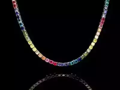 15Ct Round Lab Created Multi-Color Rainbow Tennis Necklace 14K White Gold Plated • $190