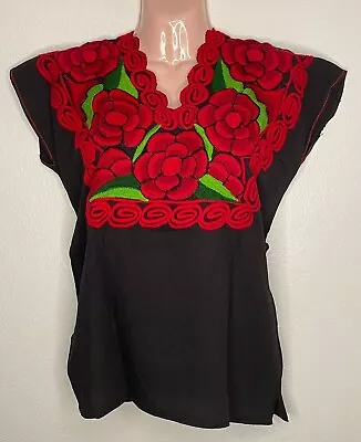 Mexican Hand Embroidered Top Blouse Large Black Red Flower • $16.99